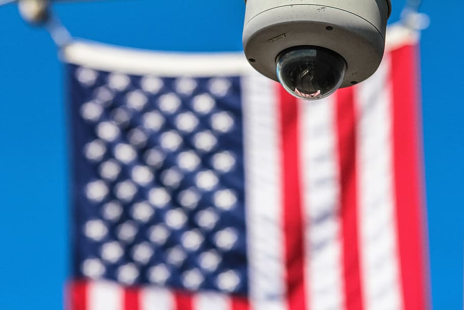 usa, flag, blur, cctv, camera, security, blue, focus on foreground HD wallpaper