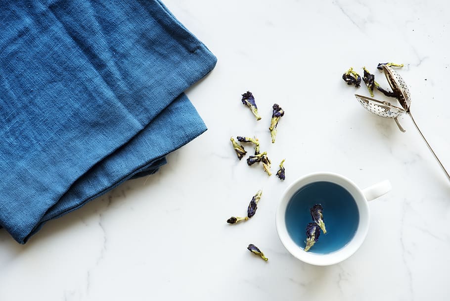 White Ceramic Teacup Near Blue Textile, beverage, design, dried HD wallpaper