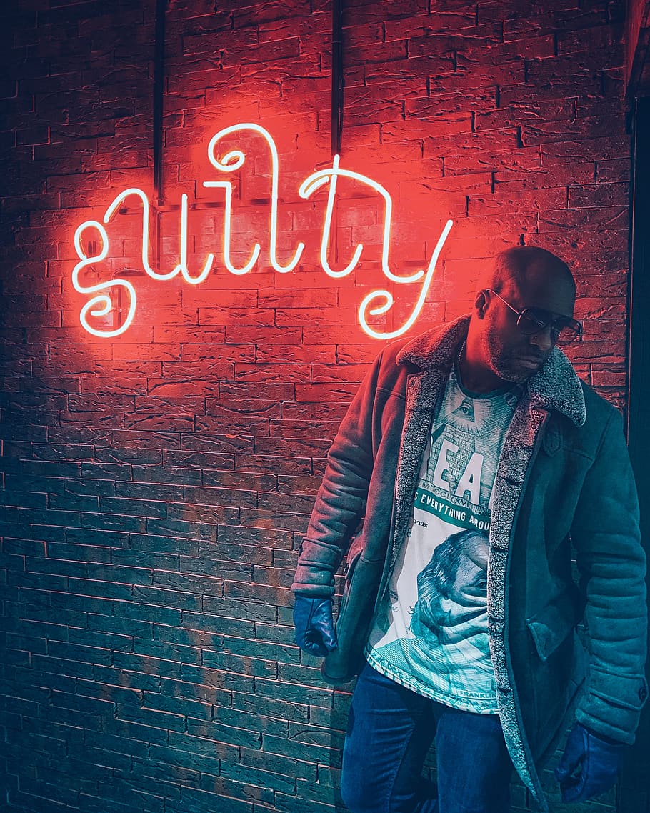 man wearing jacket standing beside neon light signage, apparel, HD wallpaper