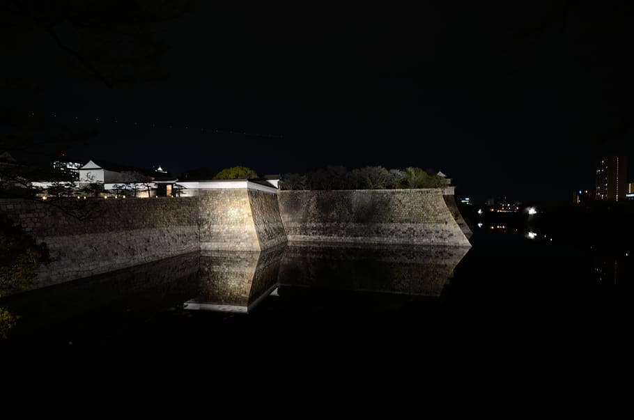japan, osaka, night, illuminated, water, architecture, reflection HD wallpaper