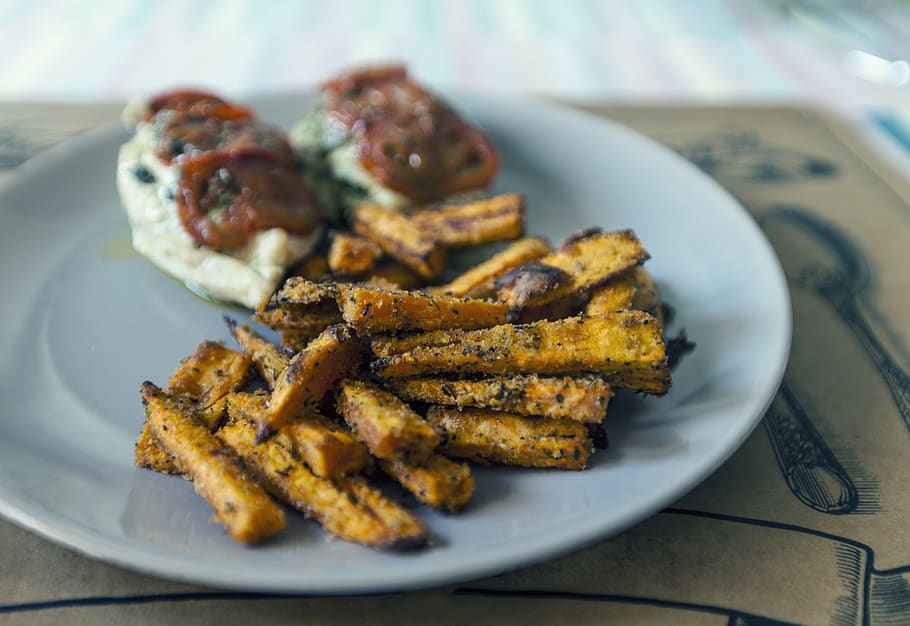 french fries dish, food, plate, meal, bbq, platter, meat loaf HD wallpaper