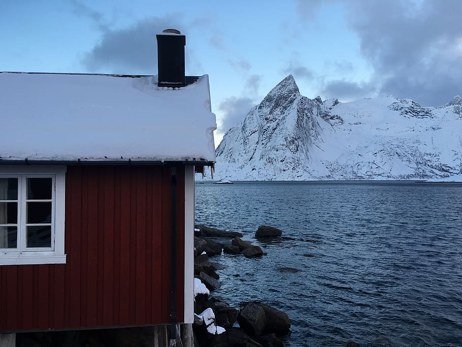 norway, hamnøy, hamnoy, lofoten, mountain, frozen, water, sky, HD wallpaper