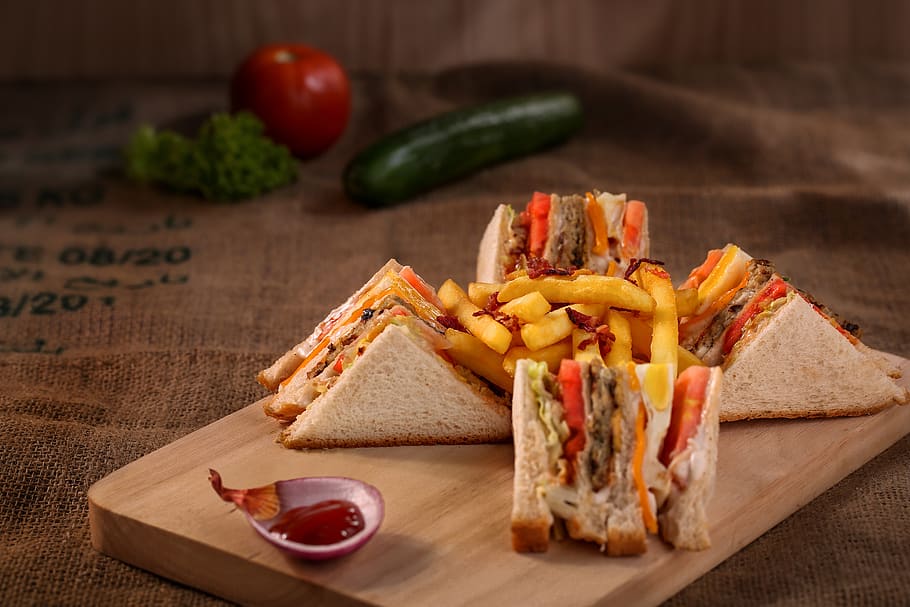 Club Sandwich Served on Chopping Board, bread, burlap, close-up