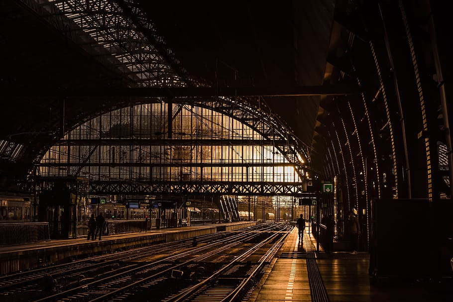 railway, train, station, pattern, perspective, tracks, industrial HD wallpaper