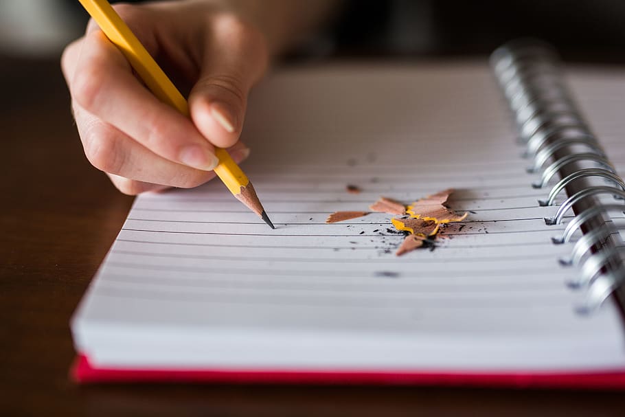 notebook, pencil, write, school, blur, human hand, human body part HD wallpaper