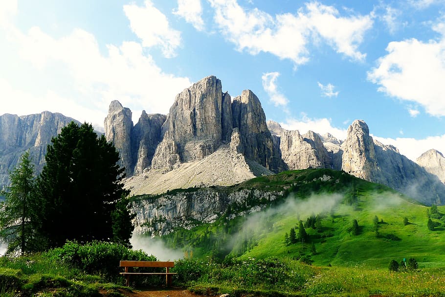 Gray Stone Mountain Near Tree, adventure, bench, clouds, daylight HD wallpaper
