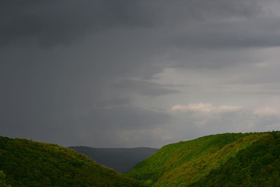 valley, hill, green, forest, hiking, highlands, mountains, rain HD wallpaper