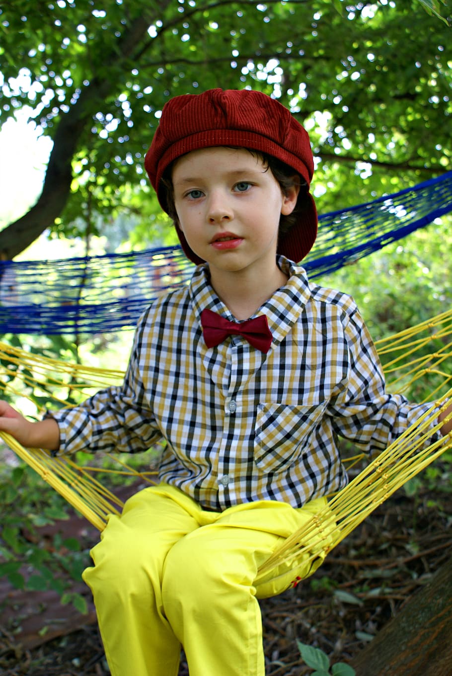 Girl Sitting on Yellow Hammock, boy, child, cute, fun, grass HD wallpaper