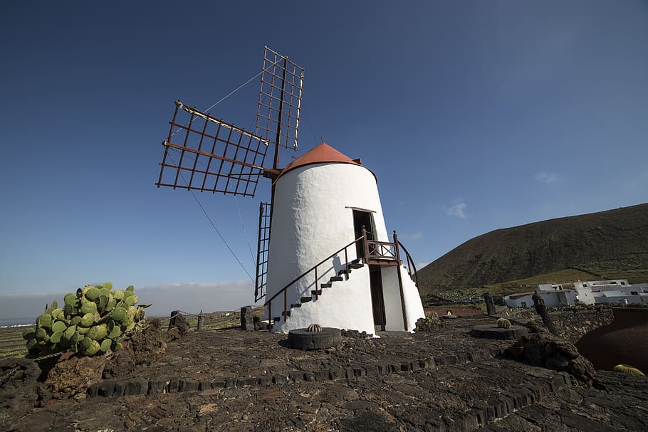 lanzarote, windmill, sky, nature, urban, sunny, architecture HD wallpaper