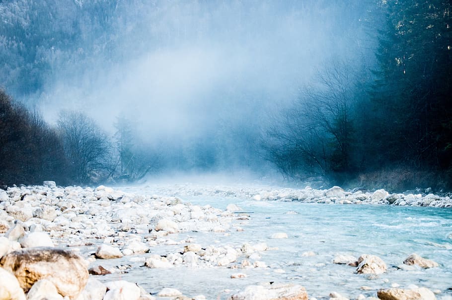 river, water, stone, rocks, trees, blue, mountain, smoke, cold HD wallpaper