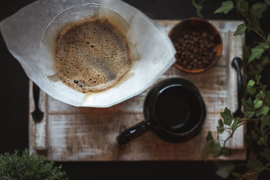 black ceramic mug and coffee beans, coffee cup, plant, pottery HD wallpaper