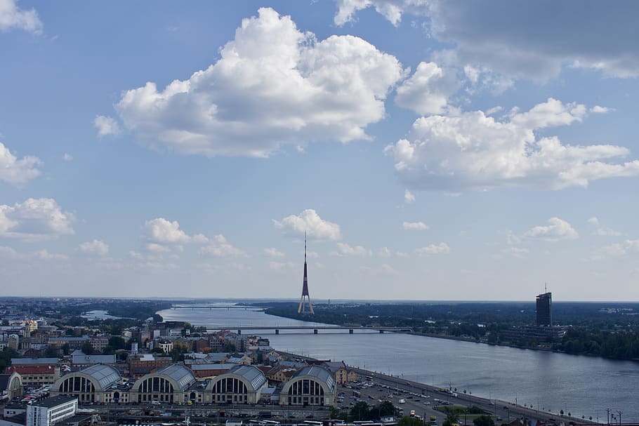 latvia, riga, river, buildings, clouds, culture, city, architecture HD wallpaper