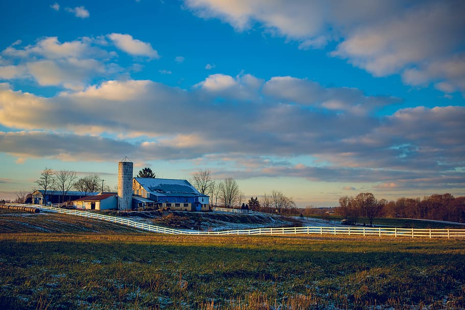 House Surrounded With Trees Photo, barn, clouds, country, cropland HD wallpaper