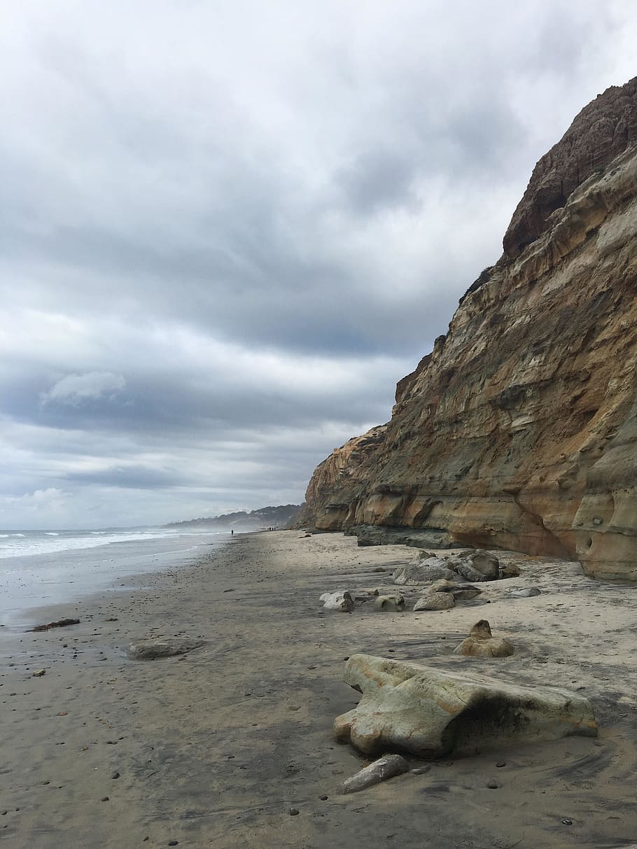 sky, ocean, la jolla, cliff, rock, beach, californium, cloud - sky, HD wallpaper