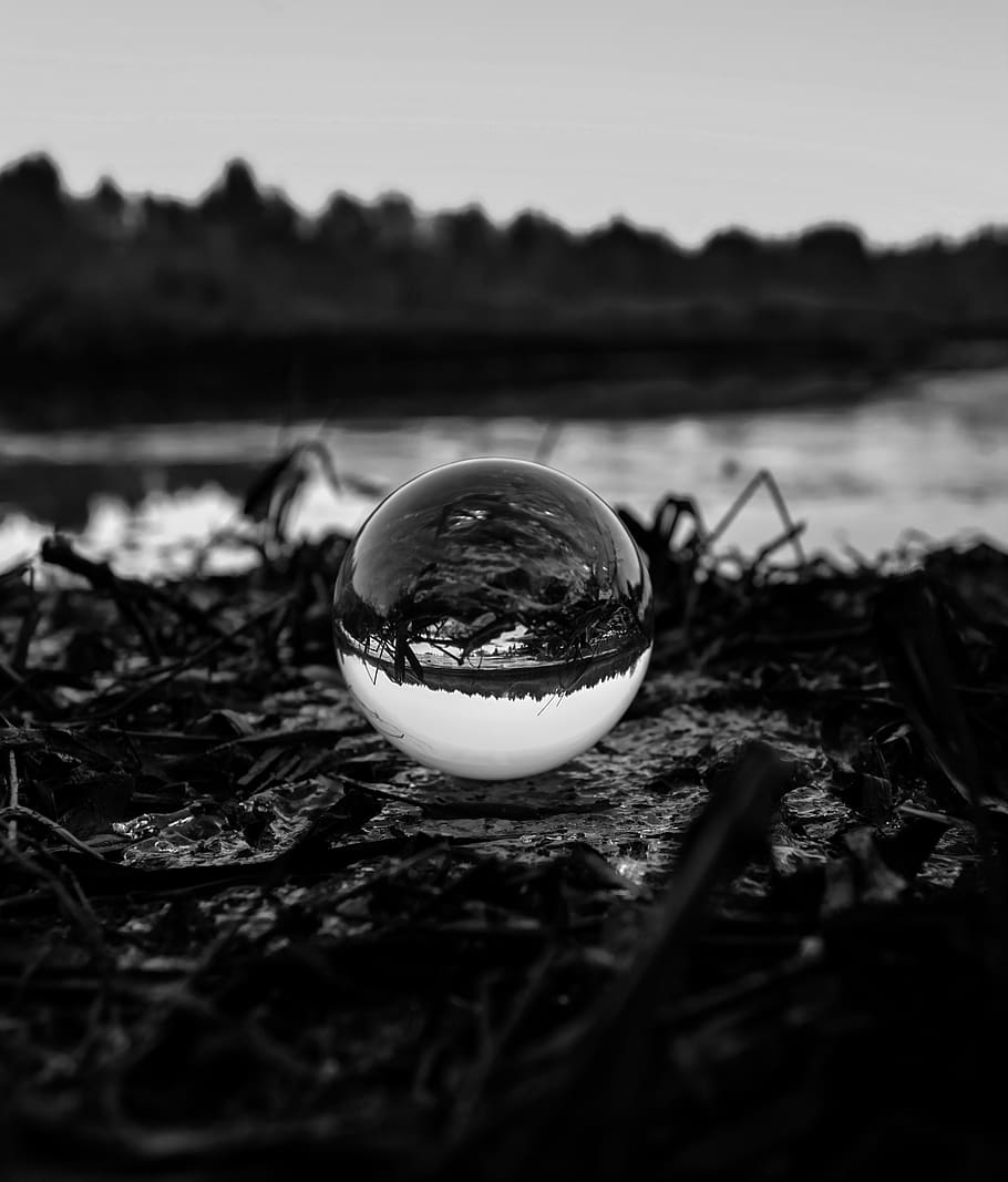 sphere, ground, grass, sky, tree, river, trees, forest, landscape HD wallpaper