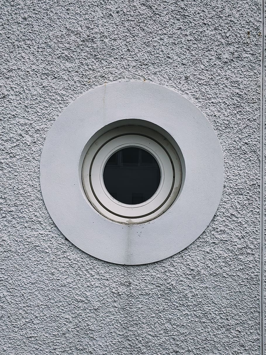 recessed lamp on gray ceiling, hole, window, circle window, facade HD wallpaper
