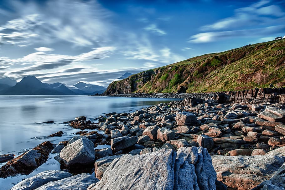 Big Rocks Near Ocean Under Blue Sky, beach, clouds, coast, hill HD wallpaper