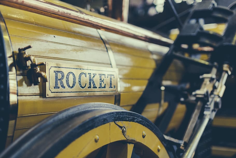 train, rocket, yellow, old, history, steam, rail, mode of transportation, HD wallpaper