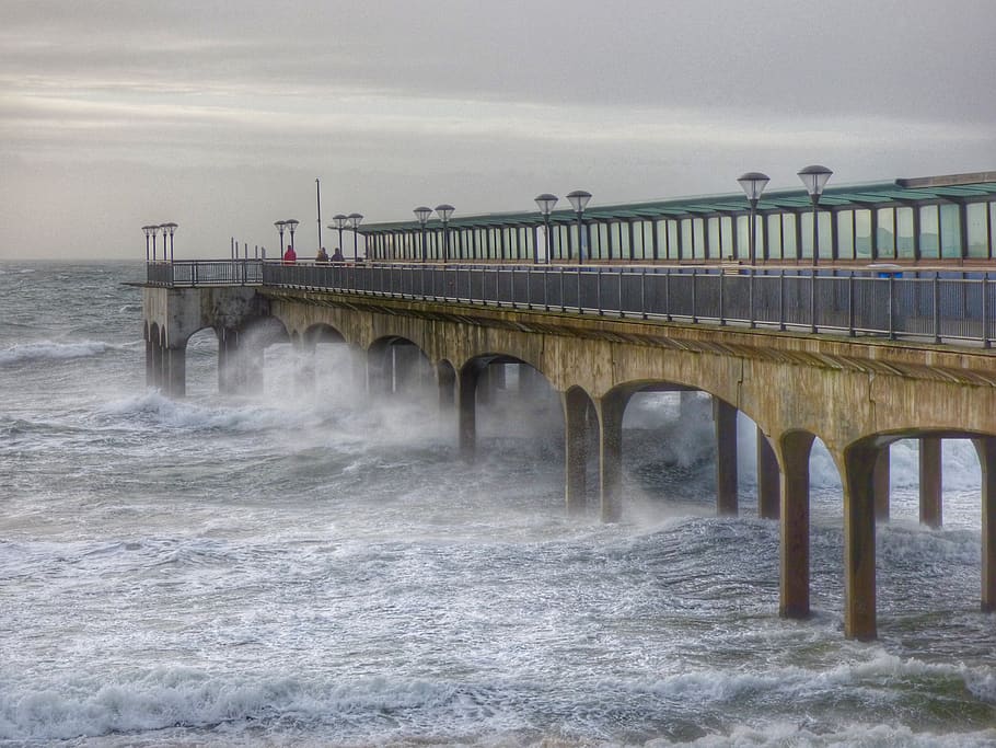 concrete bridge over water, pier, waterfront, dock, port, bournemouth HD wallpaper