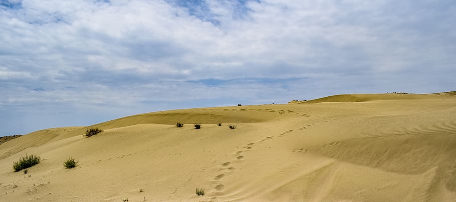 footsteps, dunes, sand, sky, clouds, sea, nature, landscape HD wallpaper