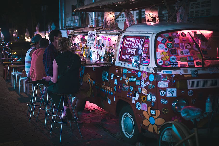men sitting in front of Volkswagen van, person, human, truck, HD wallpaper