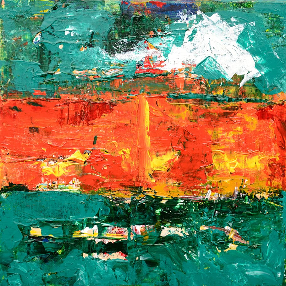 Green, Orange, and Yellow Abstract Painting, acrylic, art, artistic
