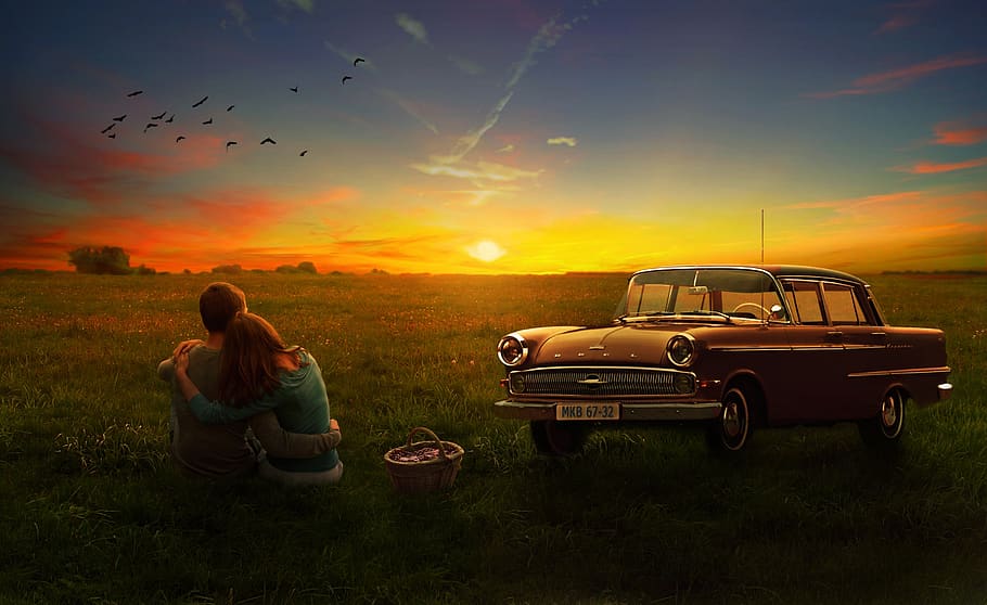 sunset, nature, design, sky, poster, fantasy, women, girl, field HD wallpaper