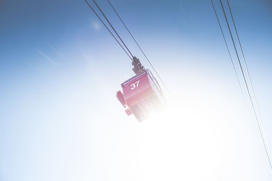 red cable car under clear sky, low angle view, no people, nature HD wallpaper