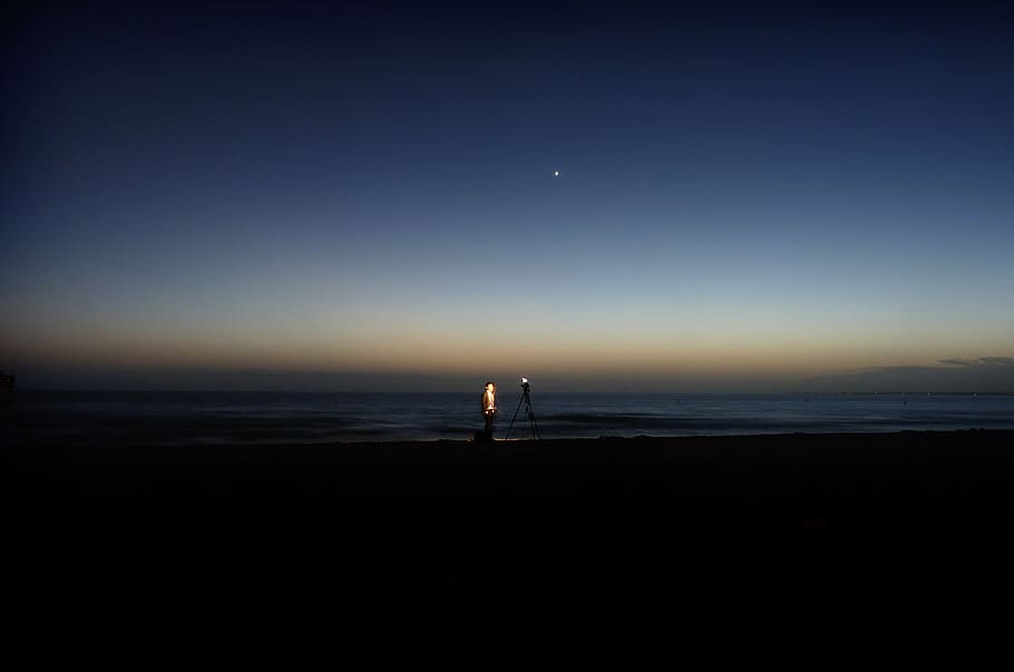 night, sunset, sky, twilight, sea, beach, shooting, film, silhouette, HD wallpaper
