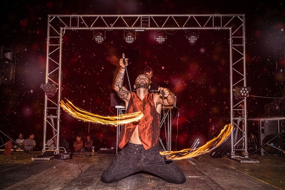 Man Performing On Stage, festival, fire dance, flame, performance HD wallpaper