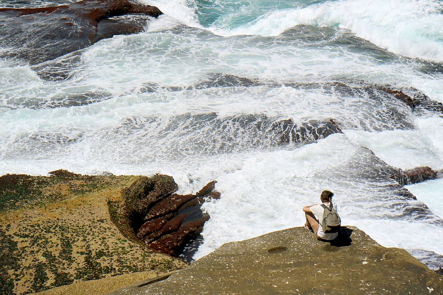 australia, bondi, guy, back shot, ocean, alone, solitude, person HD wallpaper