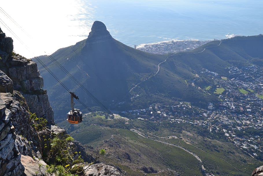 mountain, sea, table mountain, cable car, south africa, cape town, HD wallpaper