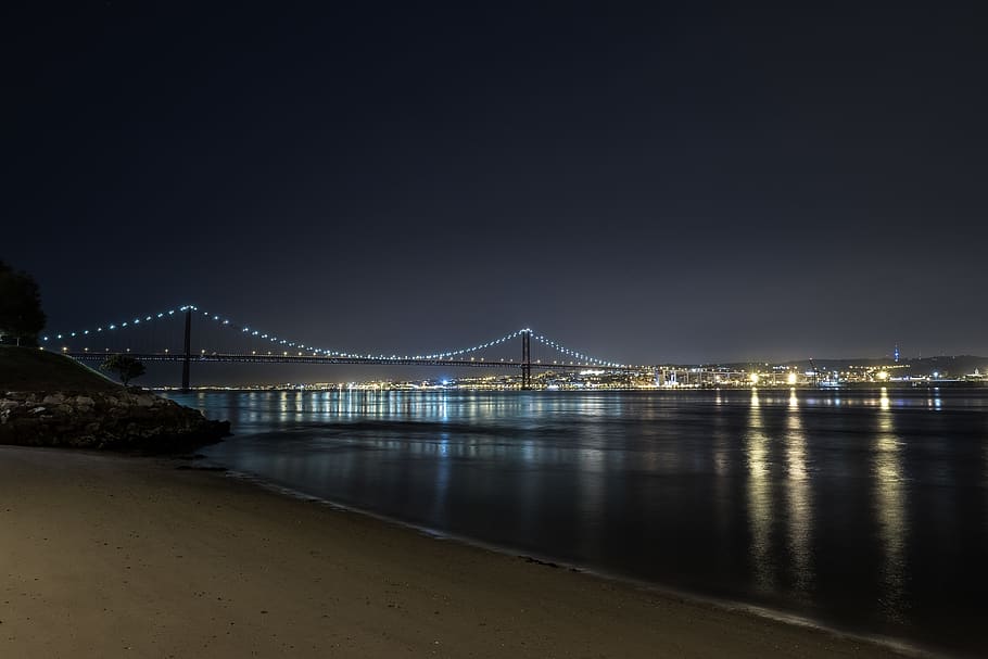 lisboa, portugal, ponte 25 de abril, bridge, night, illuminated, HD wallpaper