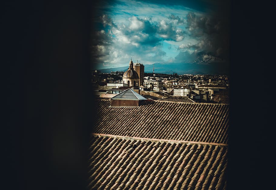 city view, roof, nature, outdoors, landscape, tile roof, weather HD wallpaper