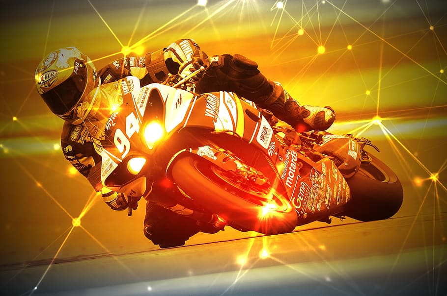 motorcycle racer, racing, speed, bike, illuminated, night, lens flare, HD wallpaper