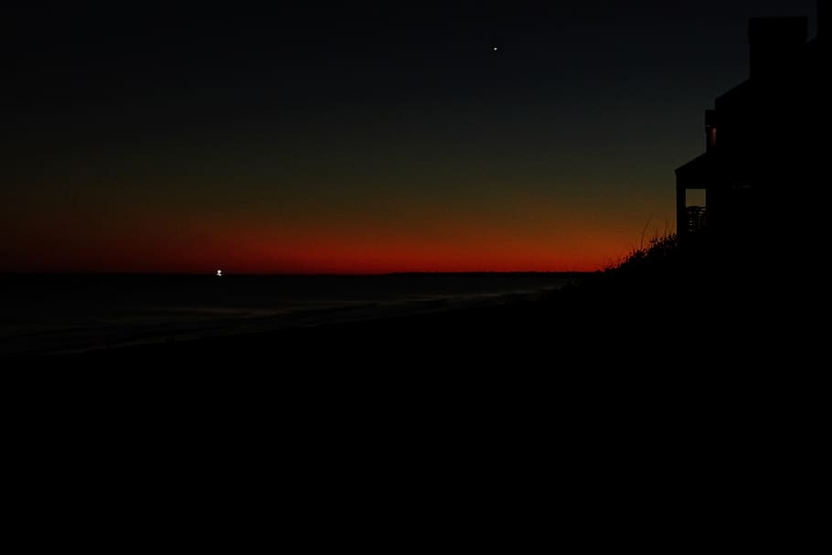 sunset, beach, night, glow, lights, sea, lonely, expanse, ocean HD wallpaper