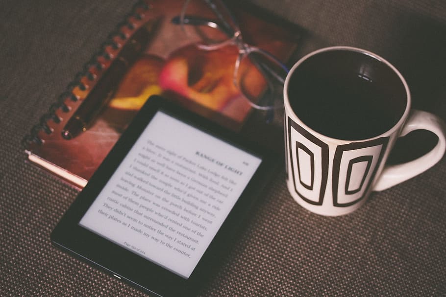 kindle, e-reader, technology, reading, book, objects, coffee
