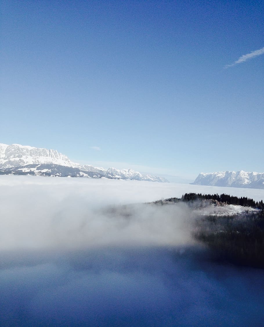 austria, view, wide angle, trees, clouds, sky, mountain, above clouds HD wallpaper