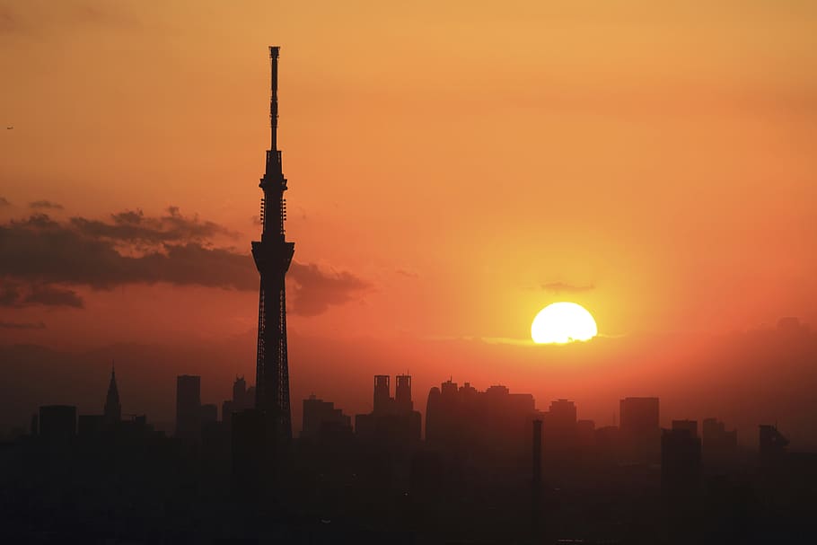 sunset, dusk, sky, clouds, cityscape, orange, buildings, architecture HD wallpaper