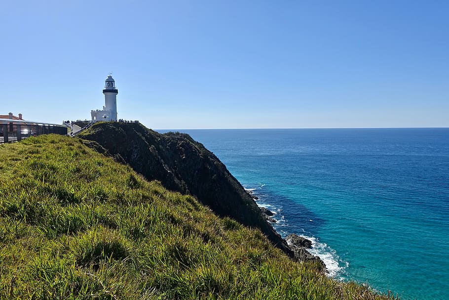 lighthouse, bluff, outcrop, rock, ocean, lookout, landscape HD wallpaper
