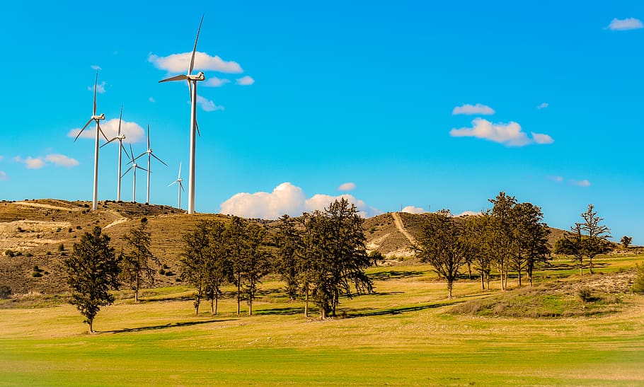 landscape, trees, windmills, nature, sky, clouds, scenic, field HD wallpaper
