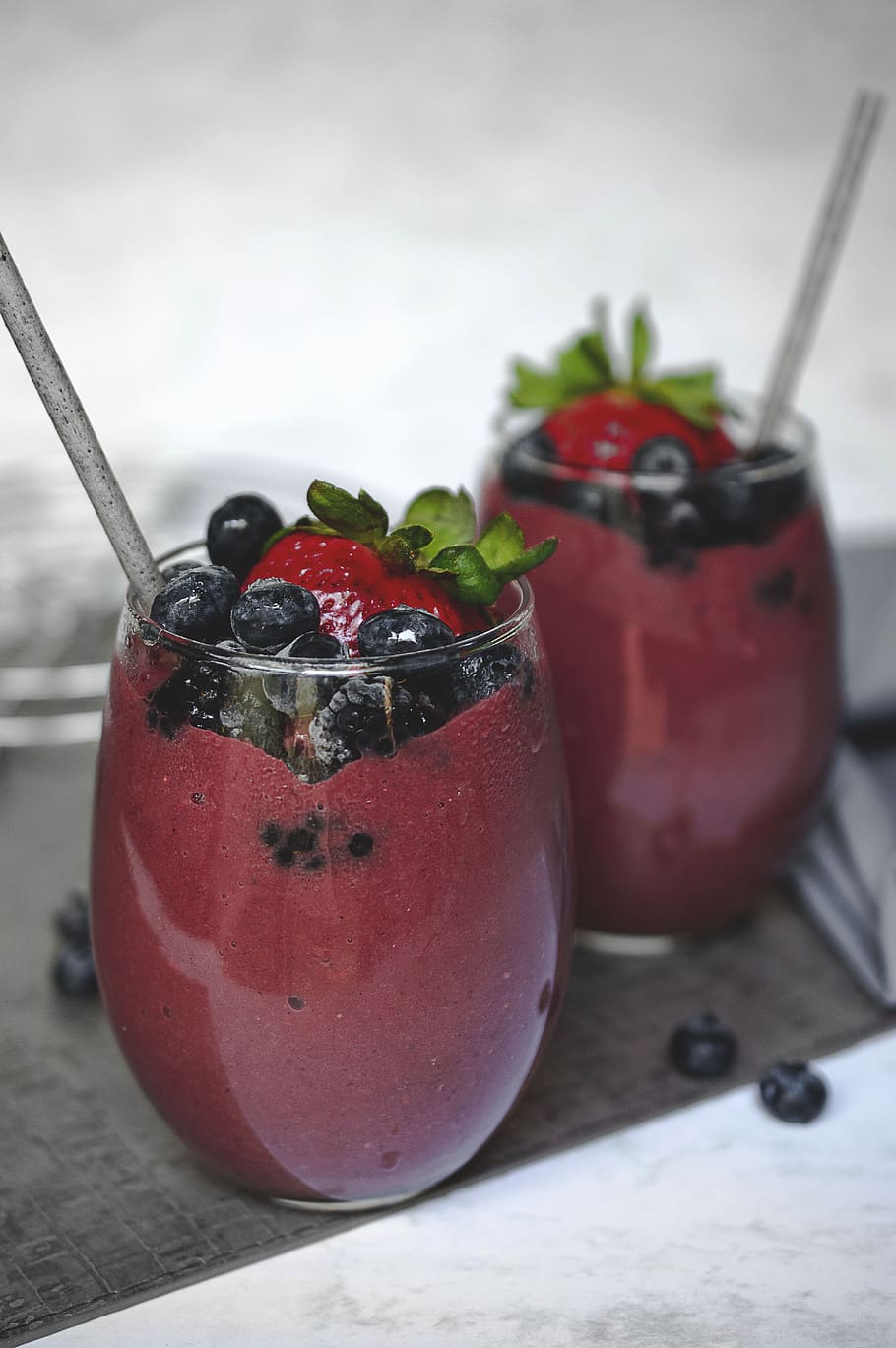 two fruit shake on glasses, blueberry, plant, food, jar, potted plant HD wallpaper