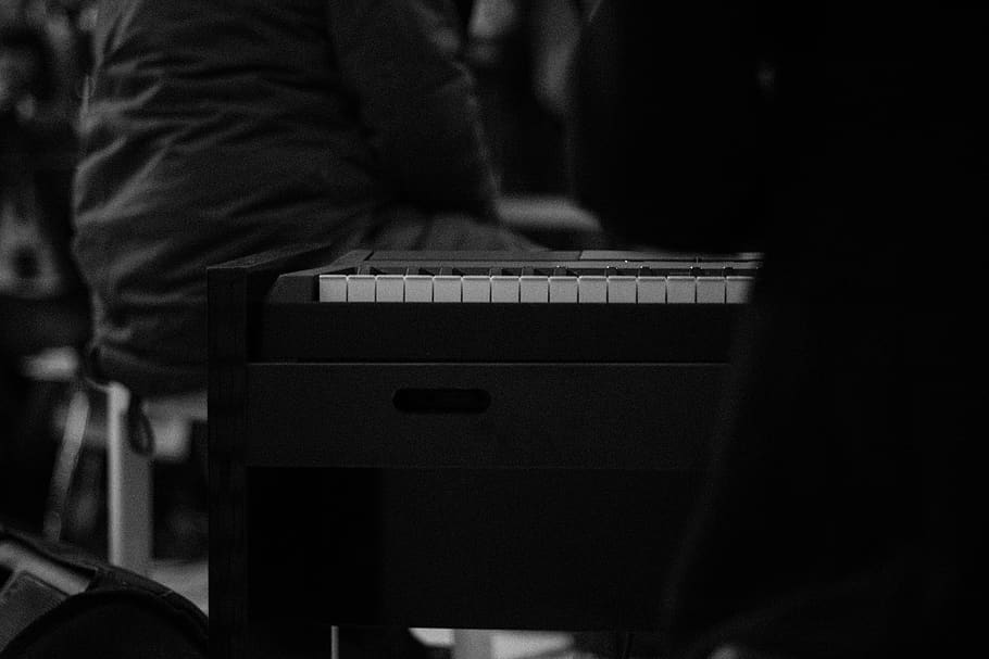 black and gray laptop computer, leisure activities, musical instrument HD wallpaper