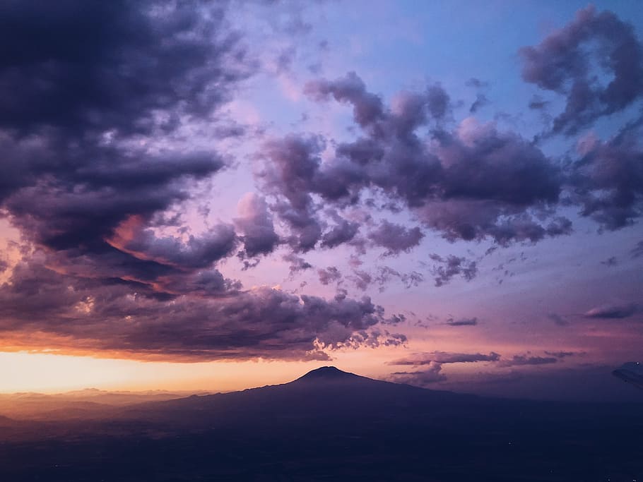 grey clouds and blue sky during golden hour, mountain, sun, sunset HD wallpaper