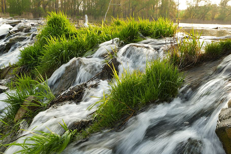 river, waterfall, nature, flow, flowing, rock, green, motion HD wallpaper