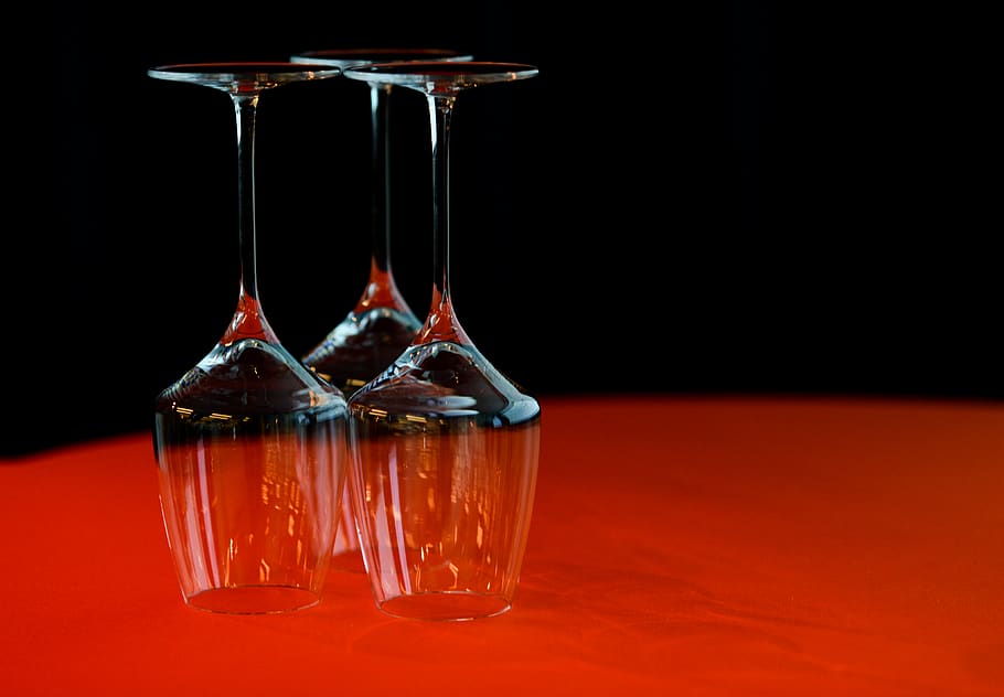 Three Wine Glass on Red Surface, black background, close-up, crystal HD wallpaper