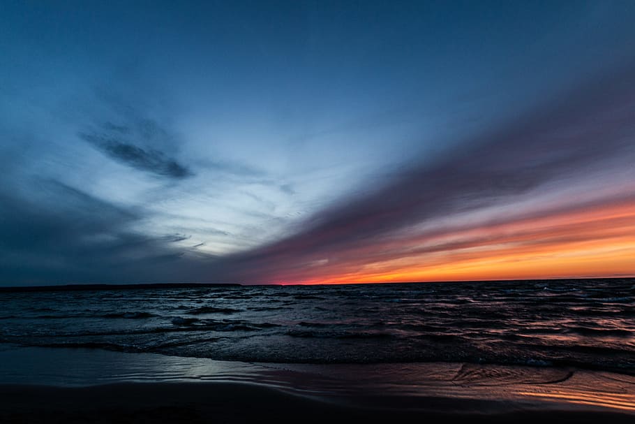 blue sea, beach, sunset, red, aurora, landscape, horizon, explore HD wallpaper