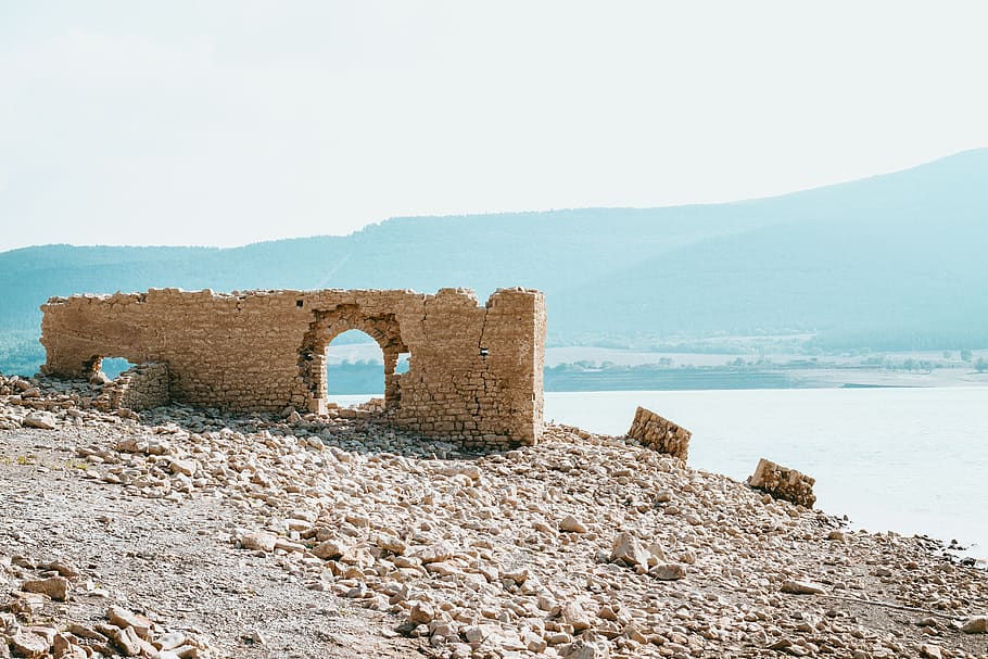 ruin, old, ancient, castle, walls, fortress, spain, lake, hills HD wallpaper