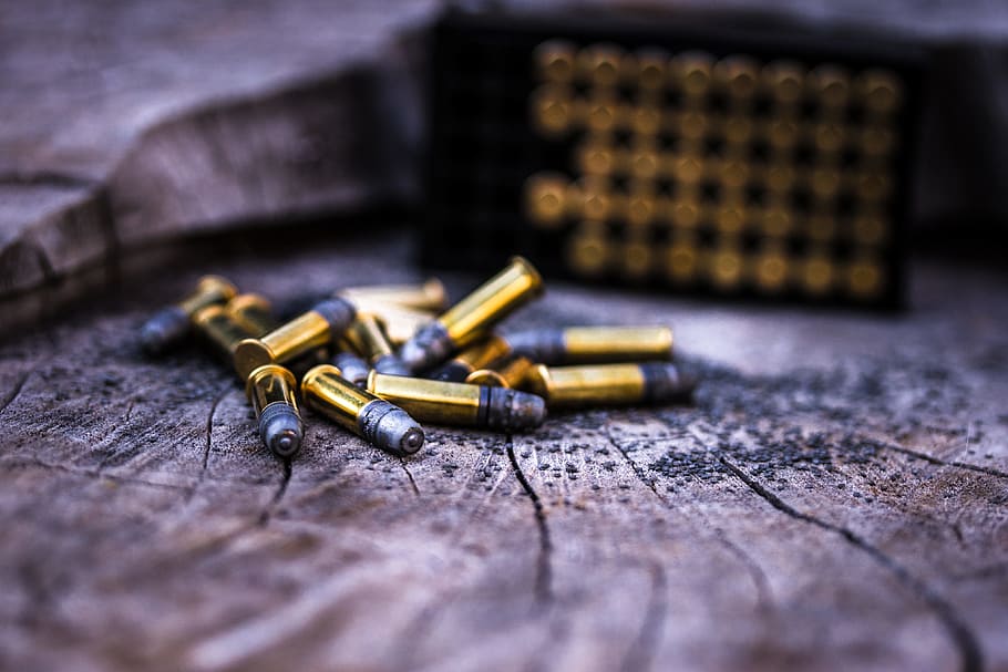 Photo of Gold Ammunitions on Wood, .22 ammo, bullets, still life