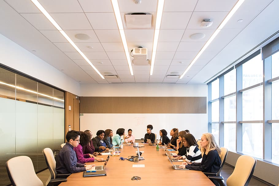 Group of People in Conference Room, adult, boardroom, chairs